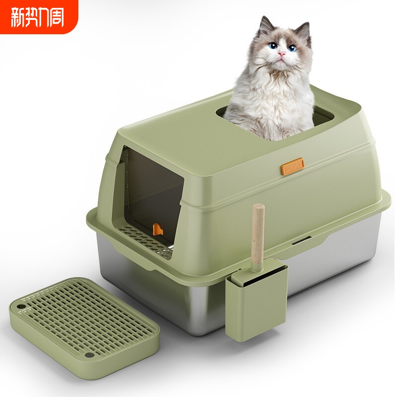 猫砂盆全封闭顶入式超大号猫砂盆不锈钢猫砂盆全封闭防外溅猫厕所
