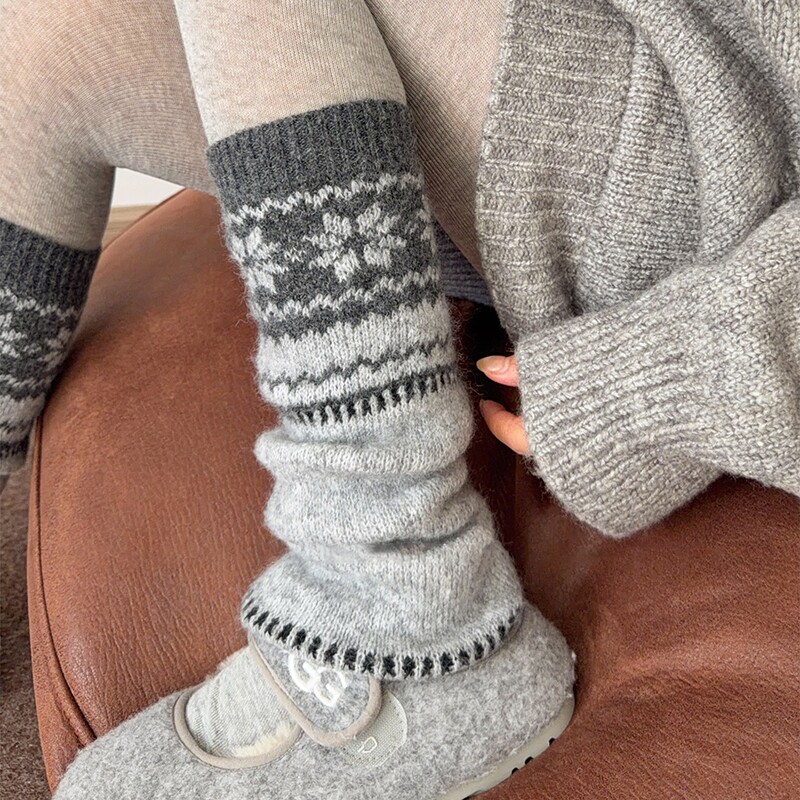 灰色费尔岛羊毛袜套堆堆袜配雪地靴女秋冬季加厚加绒腿套复古显瘦