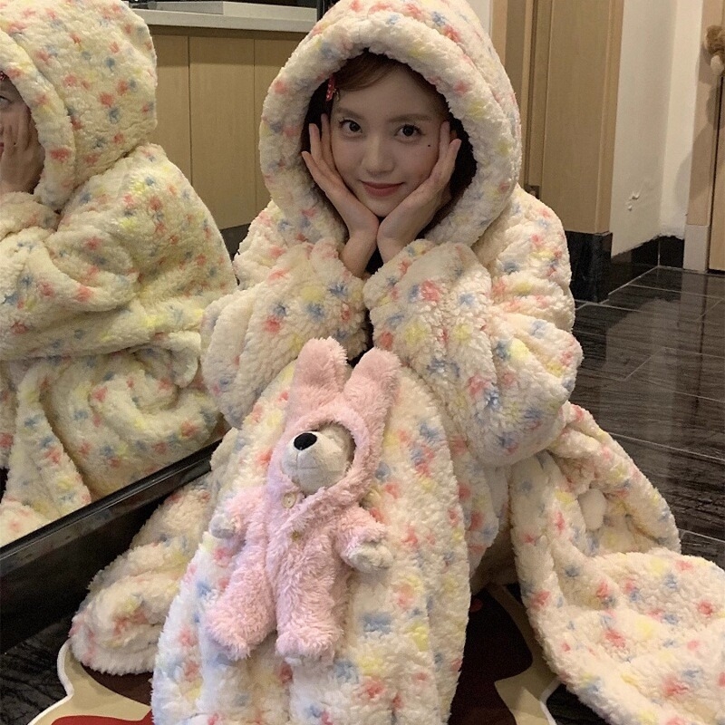 2025新款秋冬季珊瑚绒睡衣女冬天加绒加厚睡袍长袍毛绒家居服套装