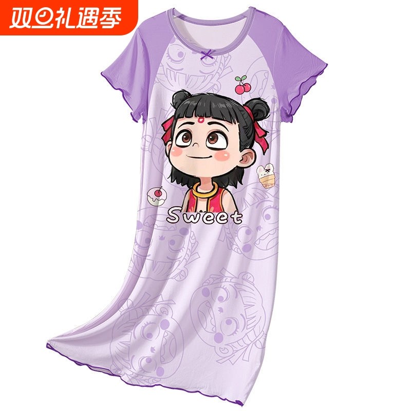 2025冰丝莫代尔女孩女童夏季睡裙卡通新款中大童睡衣裙亲子家居服