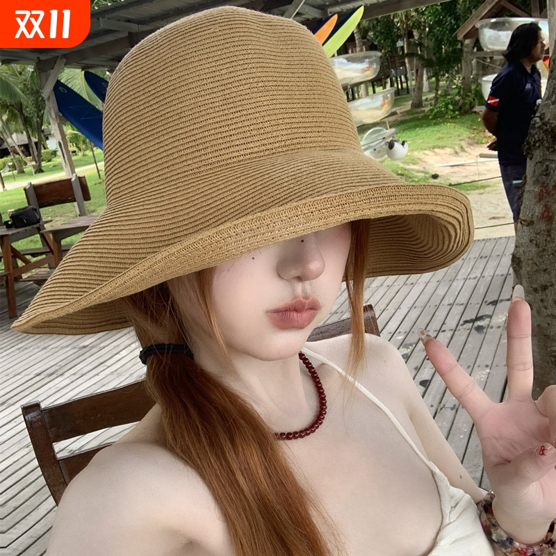 渔夫帽子编织草帽女夏季新款户外防紫外线遮阳透气可折叠圆顶防晒