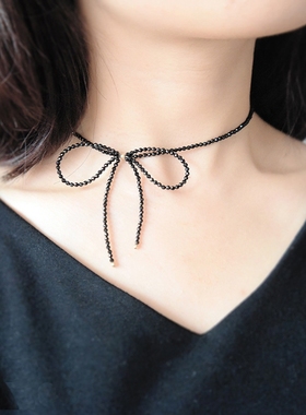 925银 黑色尖晶石choker项链 锁骨链短款颈链 百搭配饰 饰品颈带