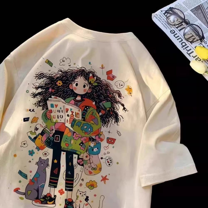 纯棉童装短袖T恤女童夏季可爱新款女孩中大童夏装宽松上衣服彩虹