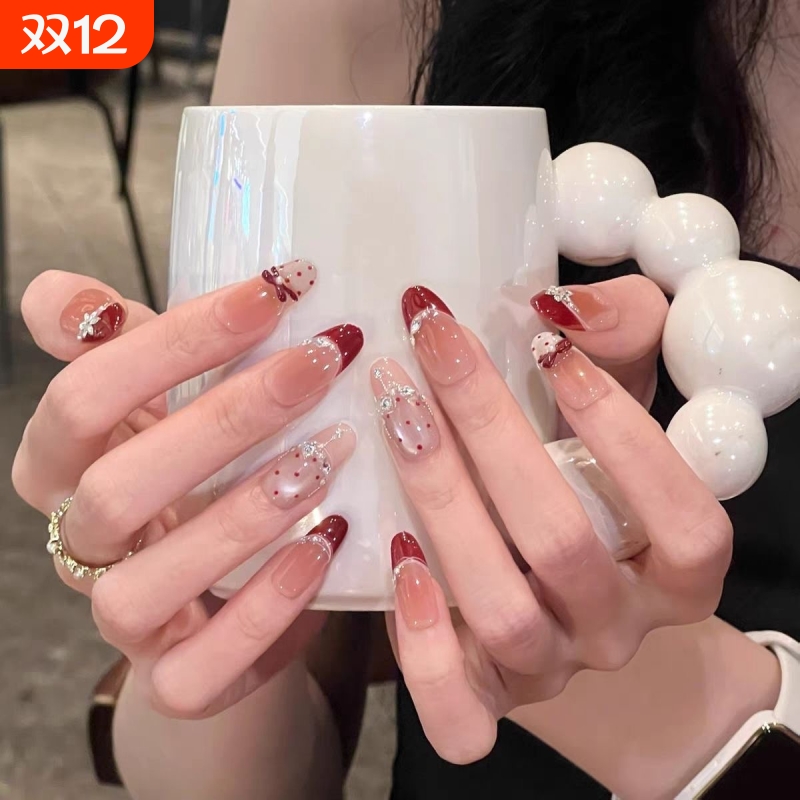 新款富家法式猫眼穿戴甲纯欲裸色美甲爆款假指甲贴红色椭圆显白