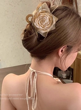 干枯玫瑰古风花朵抓夹女2025高级感大号鲨鱼夹后脑勺发夹头饰大花