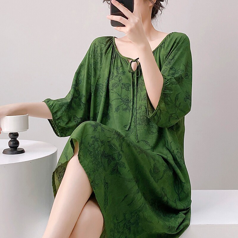 睡裙女夏棉绸短袖学生大码连衣裙可外穿家居服2026新款绵绸裙绿色