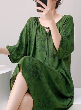 睡裙女夏棉绸短袖学生大码连衣裙可外穿家居服2026新款绵绸裙绿色