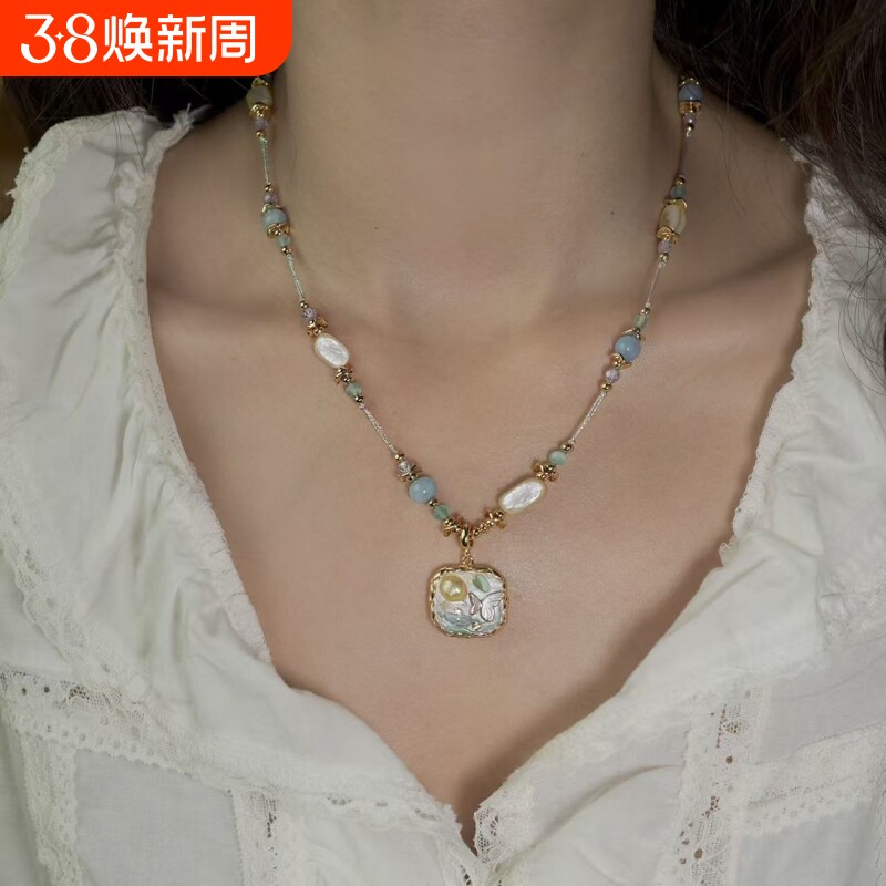 《虹彩糖豆》法式复古重工油画项链不规则珍珠吊坠颈链小众锁骨链