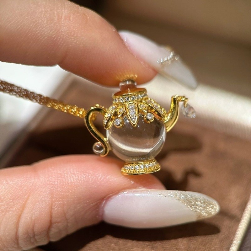 925Vintage中古高级感气质水晶茶壶项链镶嵌锆石水滴小众锁