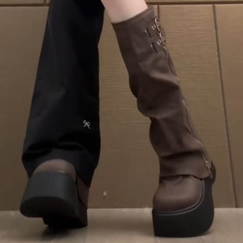 女厚底长筒靴褶皱长靴2025高筒靴新款裤管小个子春秋棕色黑色圆头
