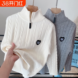 中大童半高领儿童毛衣针织衫男童打底衫白色套头春秋拉链童装新款