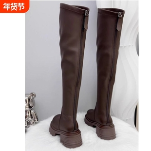 胖妹妹过膝靴女厚底增高长筒靴防水D台弹力加绒保暖长靴后拉链皮