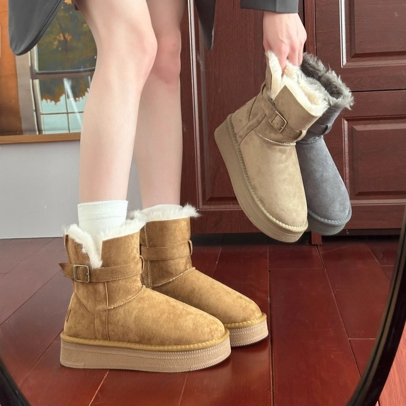 蔻孜皮毛一体雪地靴女2025新款真皮羊毛加绒保暖棉鞋皮带扣短筒靴