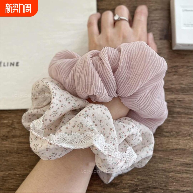 花苞温柔藕粉色肠圈蕾丝耐看大肠发圈碎花清新褶皱风琴头花发圈