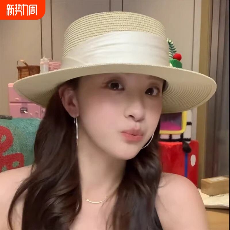 神仙藤井树同款法式优雅草编平顶帽子女防晒帽遮阳帽海边度假草帽