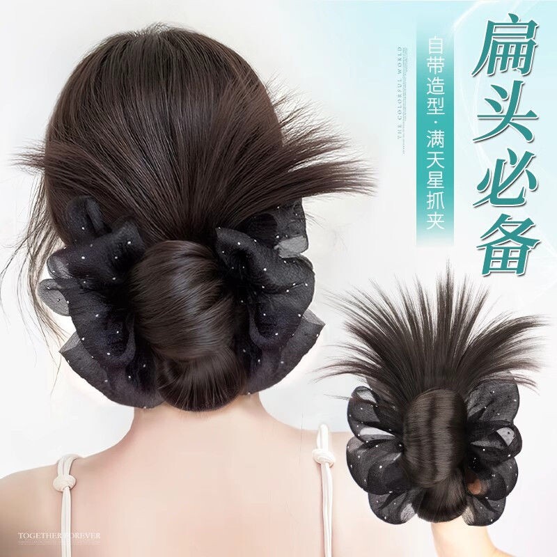 假发低扎丸子头女抓夹慵懒感盘发造型发包自然蓬松后脑勺鸡毛发饰