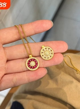 中古轻奢精致金色太阳花满钻圆圈项链女高级感锁骨链小众气质颈链
