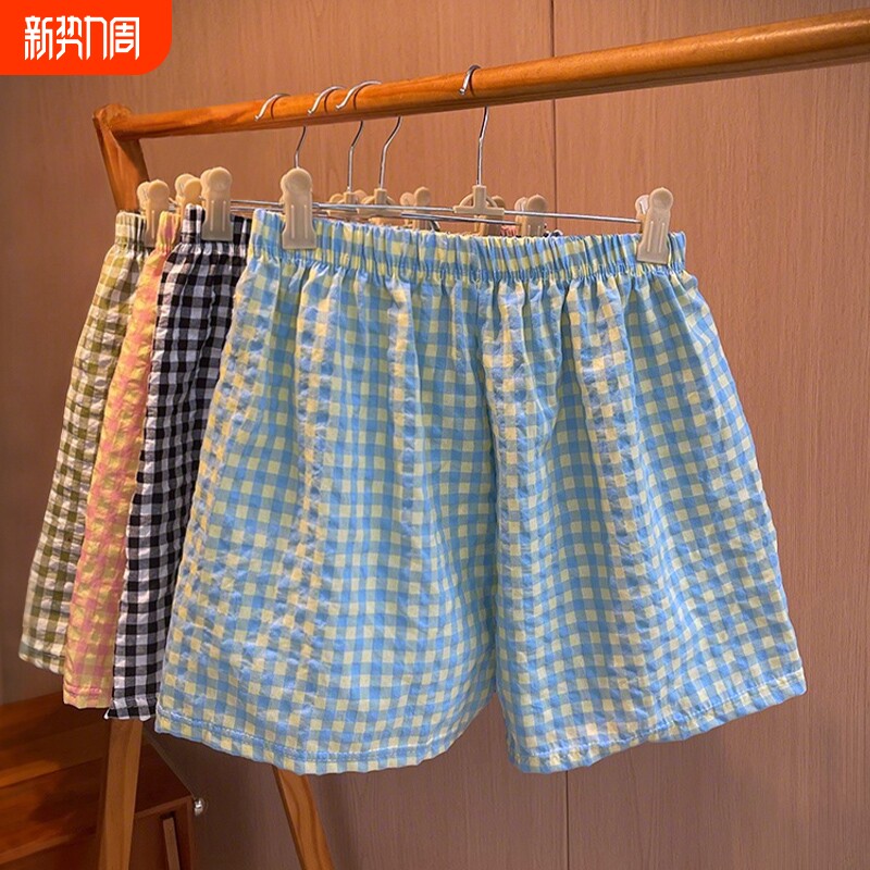 遛弯神裤格子睡裤女夏薄款居家懒人裤直筒休闲阔腿裤外穿居家短裤