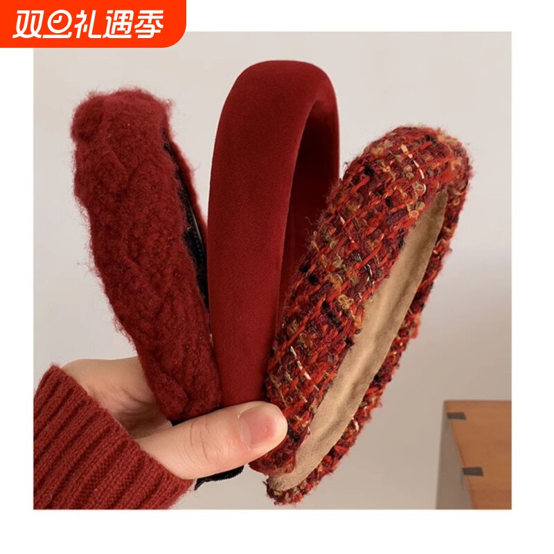 新款时尚港风红色新年发箍女款2025年头箍复古发卡发捆法式头格子