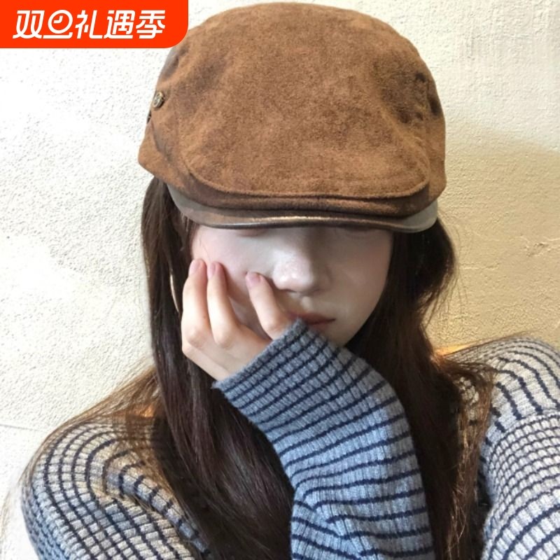 水洗做旧牛仔前进帽女春秋季百搭时尚贝雷帽大头围显脸小帽子氛围