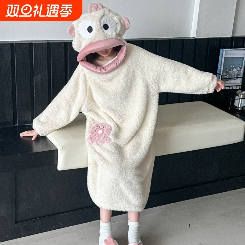 儿童小丑鱼连体睡衣秋冬季珊瑚绒女孩睡袍睡裙搞怪家居服亲子卡通