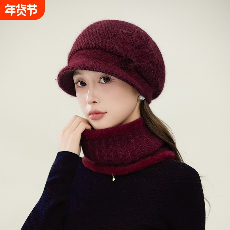 中老年人帽子女冬天加厚保暖帽妈妈针织毛线帽奶奶老人帽紫色黑色