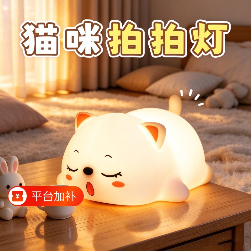 呼噜猫硅胶小夜灯卧室床头睡眠拍拍灯氛围儿童可爱创意女生日礼物
