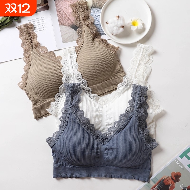 无钢圈上托无痕内衣女背心式蕾丝性感小胸聚拢美背内搭运动文胸罩