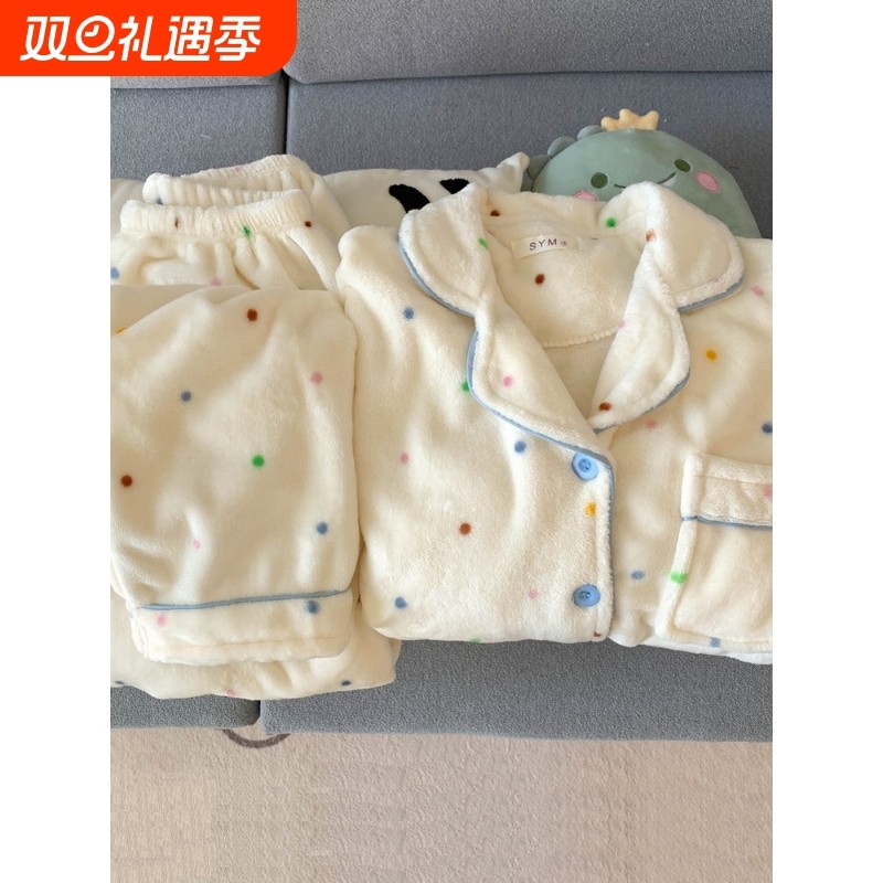 红豆法兰绒秋冬款大码睡衣女秋冬季加厚加绒可爱少女小圆点保暖家