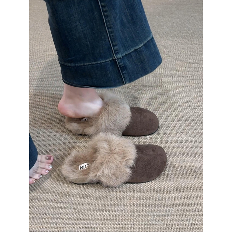 法式平底包头拖鞋女外穿冬季复古加绒保暖勃肯毛毛鞋厚底雪地棉靴