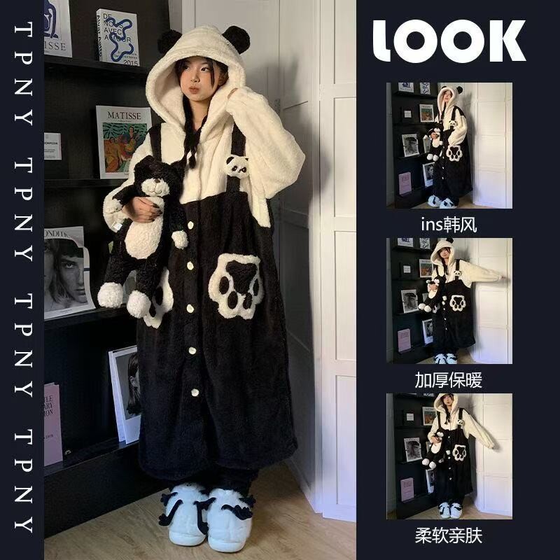 缇可爱熊猫珊瑚绒睡衣女冬款新款加绒加厚毛绒睡袍家居服套装黑色