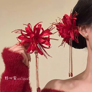 野心家原创【禧事将至】红色彼岸花朵发夹复古侧边夹鸭嘴夹子发卡