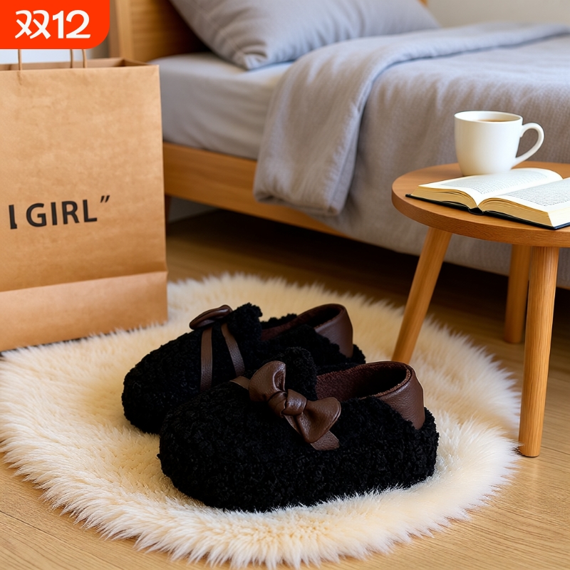 黑色毛毛鞋女冬季加绒厚底一脚蹬女鞋2025新款羊羔毛棉鞋毛绒白色