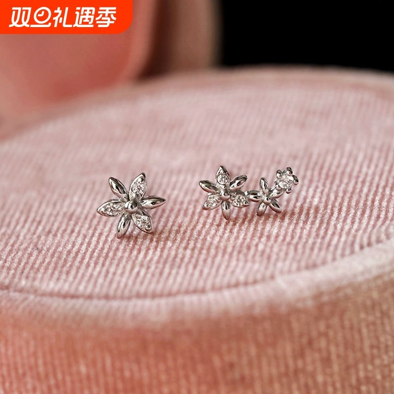 乾佳S925纯银首饰耳饰女款气质日系不对称唯美花朵耳钉 百搭温柔