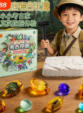 儿童宝石考古挖掘玩具琥珀昆虫化石盲盒男女孩寻宝藏手工套装礼物