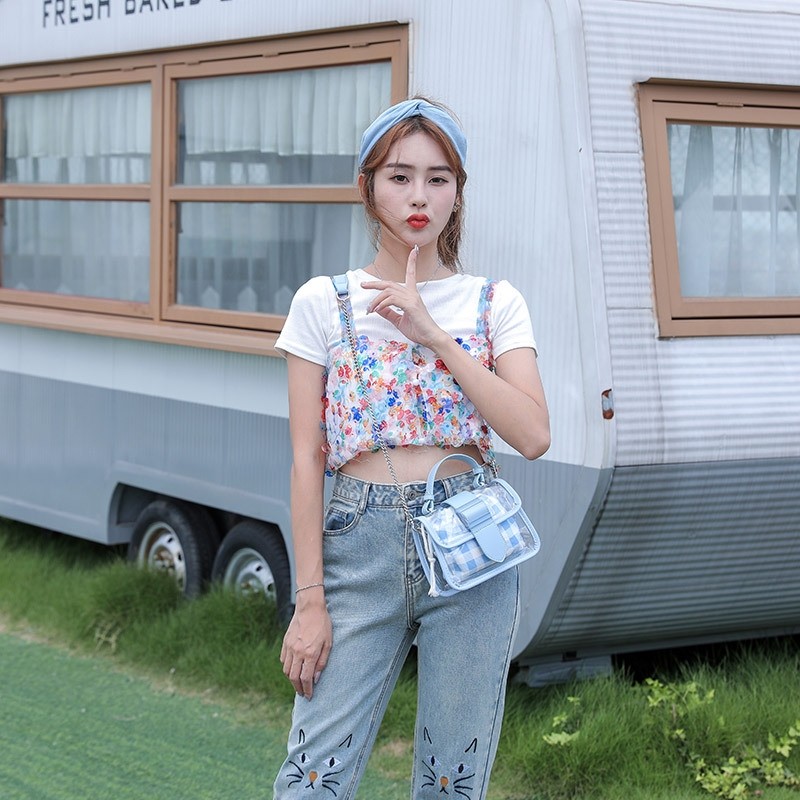 格子透明包2025新款包果冻斜挎包链条小方包痛包现货