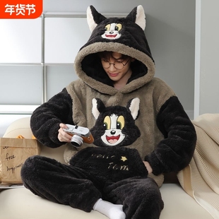 睡衣男款秋冬季珊瑚绒加厚卡通男士长毛绒大码连帽家居服套装可爱