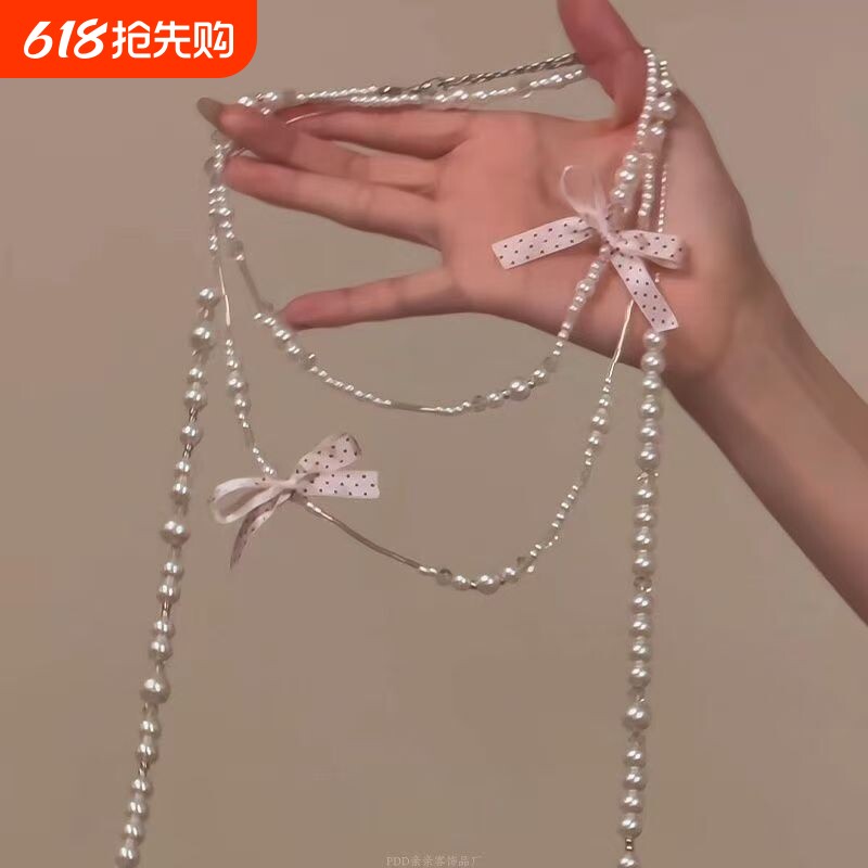 「结」甜美波点蝴蝶结珍珠项链温柔气质叠戴冬季锁骨链粉色花朵