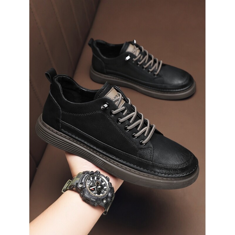 蜘蛛王男鞋冬季英伦风一脚蹬黑色皮鞋运动休闲板鞋耐磨防滑软底百