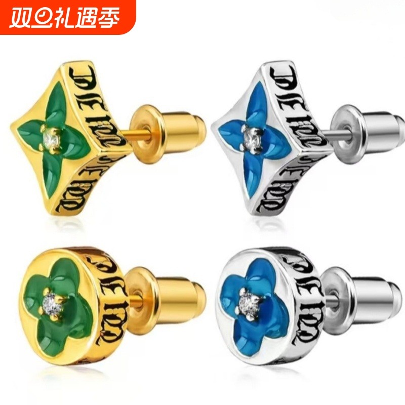 925银耳针金绿银蓝四叶花新贵风耳钉时尚高级感个性耳饰