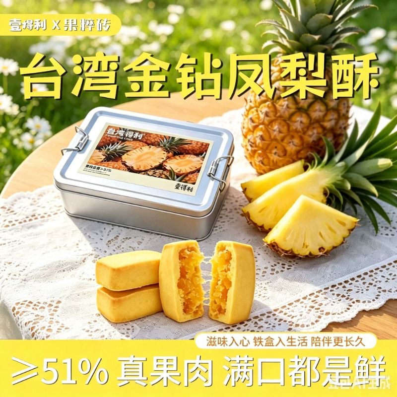51%果肉台湾金钻凤梨酥糕点办公休闲零食小吃饱腹绿豆送礼铁盒