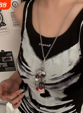 可爱卡通kt猫叉子项链女蛋糕吊坠项饰女长款夸张高级感锁骨链配饰