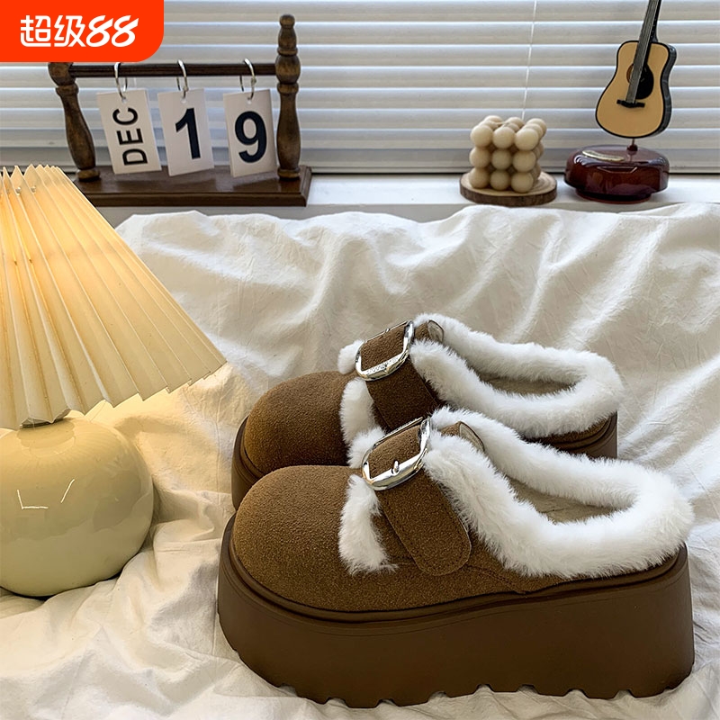 时尚皮带扣毛毛拖鞋女外穿2025新款秋冬厚底加绒棉拖勃肯包头半拖