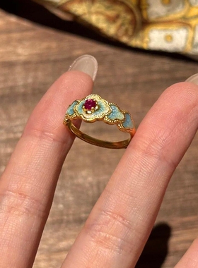 复古蓝花殿红钻珐琅戒指女款