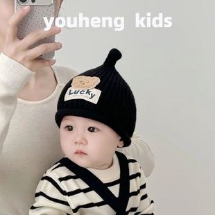 婴儿毛线帽秋冬季 保暖防风帽超萌lucky小熊套头帽男女宝宝针织帽