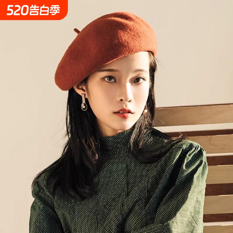 疯帽子贝雷帽女羊毛秋冬季画家帽大头围红色黑色紫色白色灰色复古
