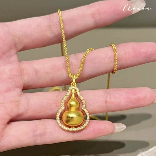 新中式金店同款古法传承沙金镶钻葫芦吊坠项链女时来运转锁骨链