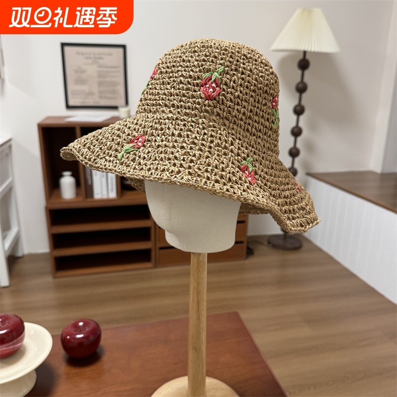 日系甜美可爱樱桃草编渔夫帽子女春夏季防晒度假海边沙滩大檐草帽