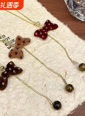 红色波点蝴蝶结抽拉项链秋冬小众设计可爱毛衣链超好看独特配饰