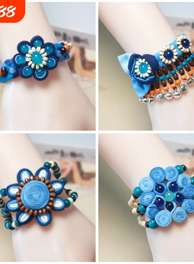 云南大理古城民族风白族手工扎染布艺手链蓝染花朵个性旅拍饰品